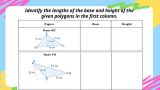 Identify the lengths of the base and height of the
given polygons in the first column.
 