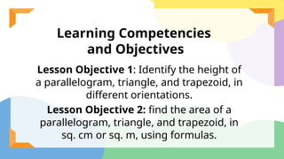 Learning Competencies
and Objectives
Lesson Objective 1: Identify the height of
a parallelogram, triangle, and trapezoid, in
different orientations.
Lesson Objective 2: find the area of a
parallelogram, triangle, and trapezoid, in
sq. cm or sq. m, using formulas.
 