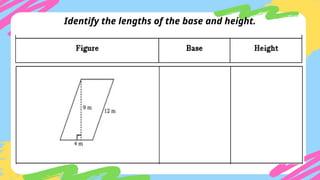 Identify the lengths of the base and height.
 