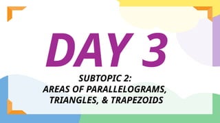 DAY 3
SUBTOPIC 2:
AREAS OF PARALLELOGRAMS,
TRIANGLES, & TRAPEZOIDS
 