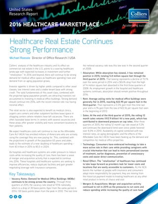 Healthcare Real Estate Continues
Strong Performance
Michael Roessle Director of Office Research | USA
Colliers’ analysis of the healthcare industry and its effect on
commercial real estate in the U.S. points to a soaring healthcare
landscape with expected increases in investment and further
“retailization.” In 2016 and beyond, there will continue to be strong
demand for medical office space as healthcare spending rises and
demand from an aging population grows.
Investor appetite is driven by higher yields compared to other asset
classes, low interest rates and a stable tenant base with strong
credit. The solid fundamentals of this asset class, combined with
the projected aging population growth, are attracting investors not
accustomed to investing in medical office buildings. Strong demand
should continue into 2016, with the recent interest rate rise having
minimal effect.
The retail sector is also expected to benefit as medical clinics,
urgent care centers and other outpatient facilities lease space in
shopping centers where retailers have left vacancies. There are
often favorable lease terms in centers with several vacancies and
these areas offer greater visibility and more convenient locations to
their patients.
We expect healthcare costs will continue to rise as the Affordable
Care Act (ACA) has enrolled millions of Americans who are actively
using the coverage they are now paying for. This, combined with
the projections in growth of the population 65 years and older,
leads to the estimate of a near doubling of healthcare spending -
from $3 trillion in 2014 to $5.5 in 2024.
As hospitals and healthcare systems are under pressure to reduce
costs while increasing the quality of care, there has been a wave
of merger and acquisition activity that is expected to continue
into 2016. These hospitals and healthcare systems are seeking to
improve efficiencies, reduce duplicate facilities and gain greater
negotiating leverage with insurance companies.
Key Takeaways
>> Vacancy Rates: Demand for Medical Office Buildings (MOBs)
continues to be strong across the country. Through three
quarters of 2015, the vacancy rate stood at 9.5% nationally,
which is a drop of 30 basis points (bps) from the same period in
2014, 130 basis points down from the peak in 2010. The last time
the national vacancy rate was this low was in the second quarter
of 2008.
>> Absorption: While absorption has slowed, it has remained
positive in 2015; totaling 5.8 million square feet through the
third quarter of 2015. That leasing represents a decline of 15.1%
over the same period in 2014 and a 58.6% drop from the high
of 14 million square feet absorbed in the first three quarters of
2008. As employment growth in the hospital and healthcare
systems continues, absorption should remain positive throughout
2016.
>> Rent: Average asking rents for medical office buildings were
generally flat in 2015, reaching $22.95 per square foot in the
third quarter. That represents a 0.3% gain from this time last
year and a 4.1% gain from the low of $22.16 per square foot seen
in the beginning of 2013.
>> Sales: At the end of the third quarter of 2015, the rolling 12
month sales volume ($12.9 billion) hit a new peak, which has
contributed to downward pressure on cap rates. After three
quarters of 2015, the rolling 12 month cap rate stood at 7.2%
and continues the downward trend seen since yields hovered
over 8.0% in 2010. Availability of capital combined with low
interest rates, an aging demographic and the effects of the
Affordable Care Act (ACA) have been heating up the demand and
competition for medical office properties.
>> Technology: Consumers have embraced technology to take a
more active role in their care while providing caregivers with
crucial information that can lead to more personalized courses
of treatment, earlier diagnoses, prevention of unnecessary
costs and easier direct communication.
>> Retail Effect: The “retailization” of healthcare has continued
to take leaps forward as providers look for lower-costs and
locations that are easily accessible to customers. As the ACA
boosts the number of people with insurance and consumers
adopt more responsibility for payment, they are moving from
the historical payment model to treating healthcare as any other
retail product in terms of choice and cost.
>> Mergers & Acquisitions: Merger and acquisition activity
continued to roll in 2015 as the pressures to cut costs and
reduce spending while increasing the quality of care have
United States
Research Report
2016 Healthcare Marketplace
 