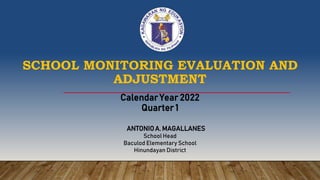 SCHOOL MONITORING EVALUATION AND
ADJUSTMENT
Calendar Year 2022
Quarter 1
ANTONIOA. MAGALLANES
School Head
Baculod Elementary School
Hinundayan District
 