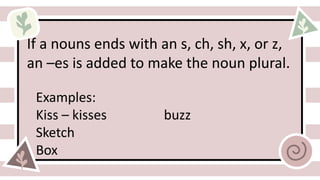 If a nouns ends with an s, ch, sh, x, or z,
an –es is added to make the noun plural.
Examples:
Kiss – kisses buzz
Sketch
Box
 