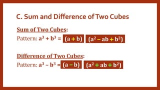 C. Sum and Difference ofTwo Cubes
Sum of Two Cubes:
Pattern: a3 + b3 =
Difference of Two Cubes:
Pattern: a3 – b3 =
(a2 – ab + b2)
(a + b)
+ +
–
(a2 + ab + b2)
(a – b)
– +
+
 
