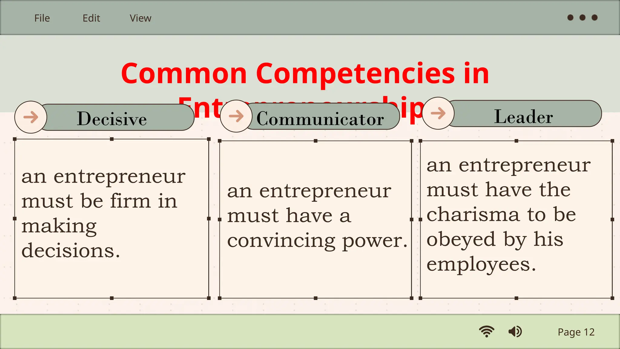 Common Competencies in
Entrepreneurship
an entrepreneur
must be firm in
making
decisions.
an entrepreneur
must have a
convincing power.
an entrepreneur
must have the
charisma to be
obeyed by his
employees.
Page 12
File Edit View
Decisive Communicator Leader
 