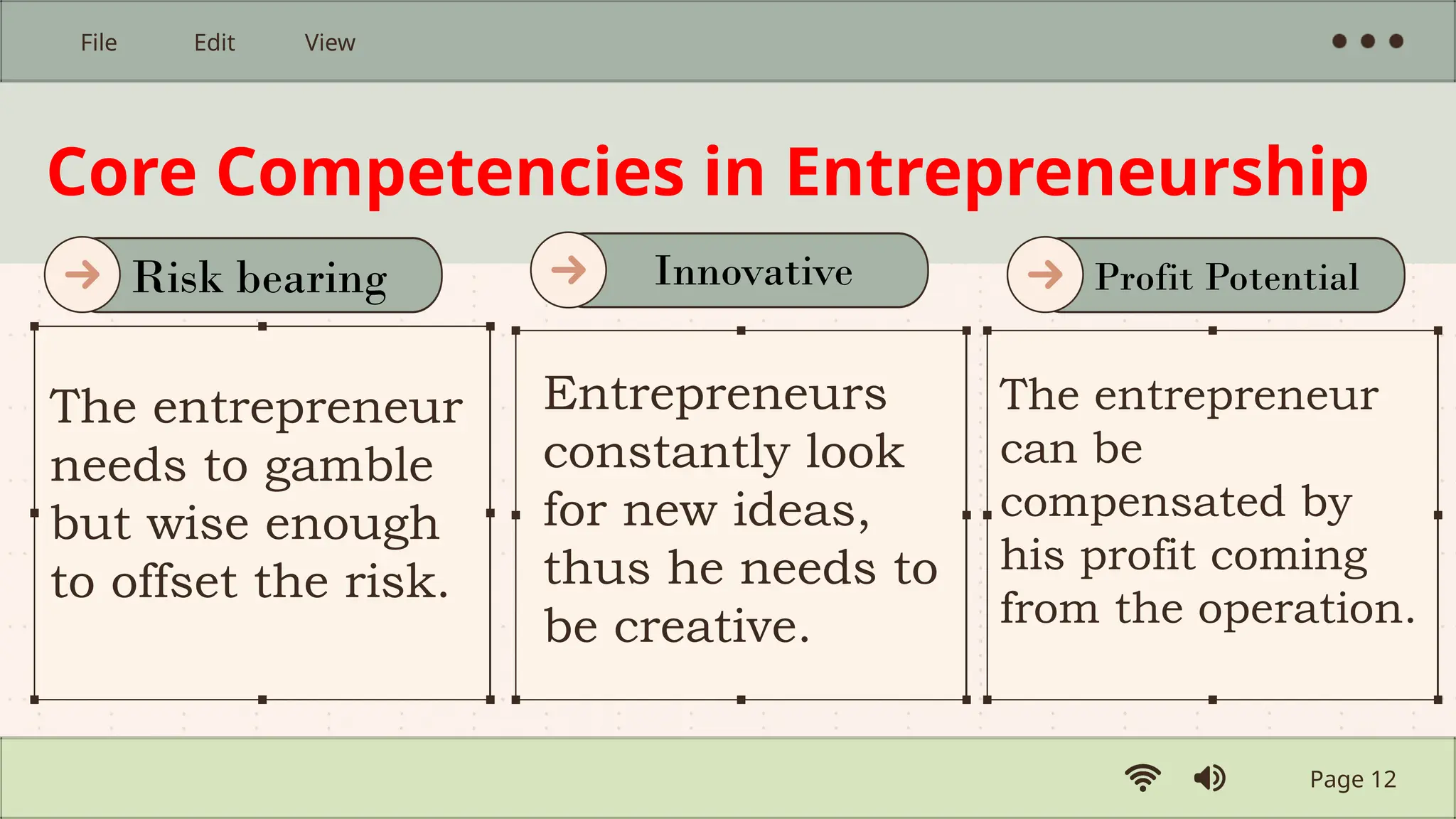 Core Competencies in Entrepreneurship
The entrepreneur
needs to gamble
but wise enough
to offset the risk.
Entrepreneurs
constantly look
for new ideas,
thus he needs to
be creative.
The entrepreneur
can be
compensated by
his profit coming
from the operation.
Page 12
File Edit View
Risk bearing Profit Potential
Innovative
 