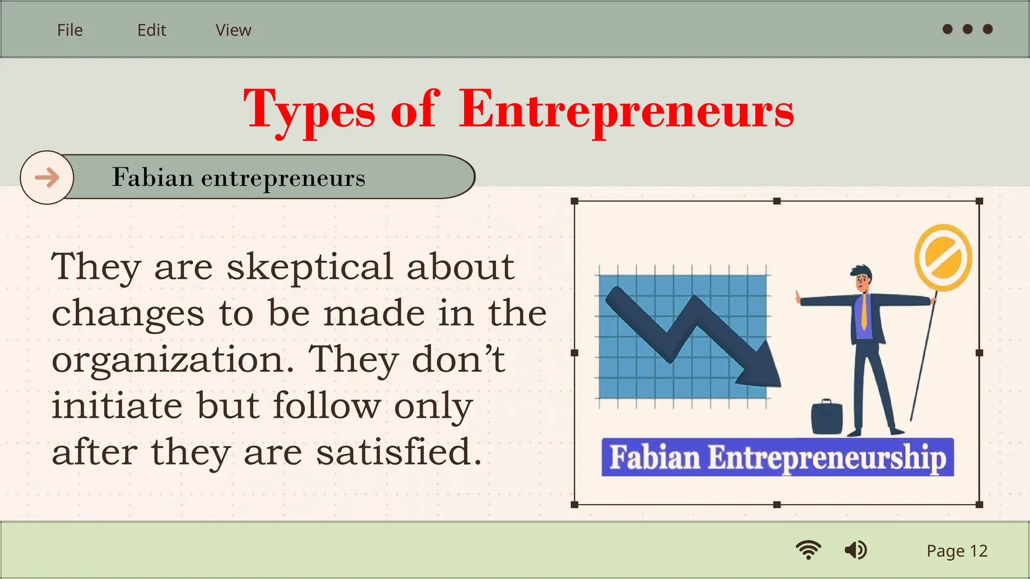 Types of Entrepreneurs
They are skeptical about
changes to be made in the
organization. They don’t
initiate but follow only
after they are satisfied.
Page 12
File Edit View
Fabian entrepreneurs
 