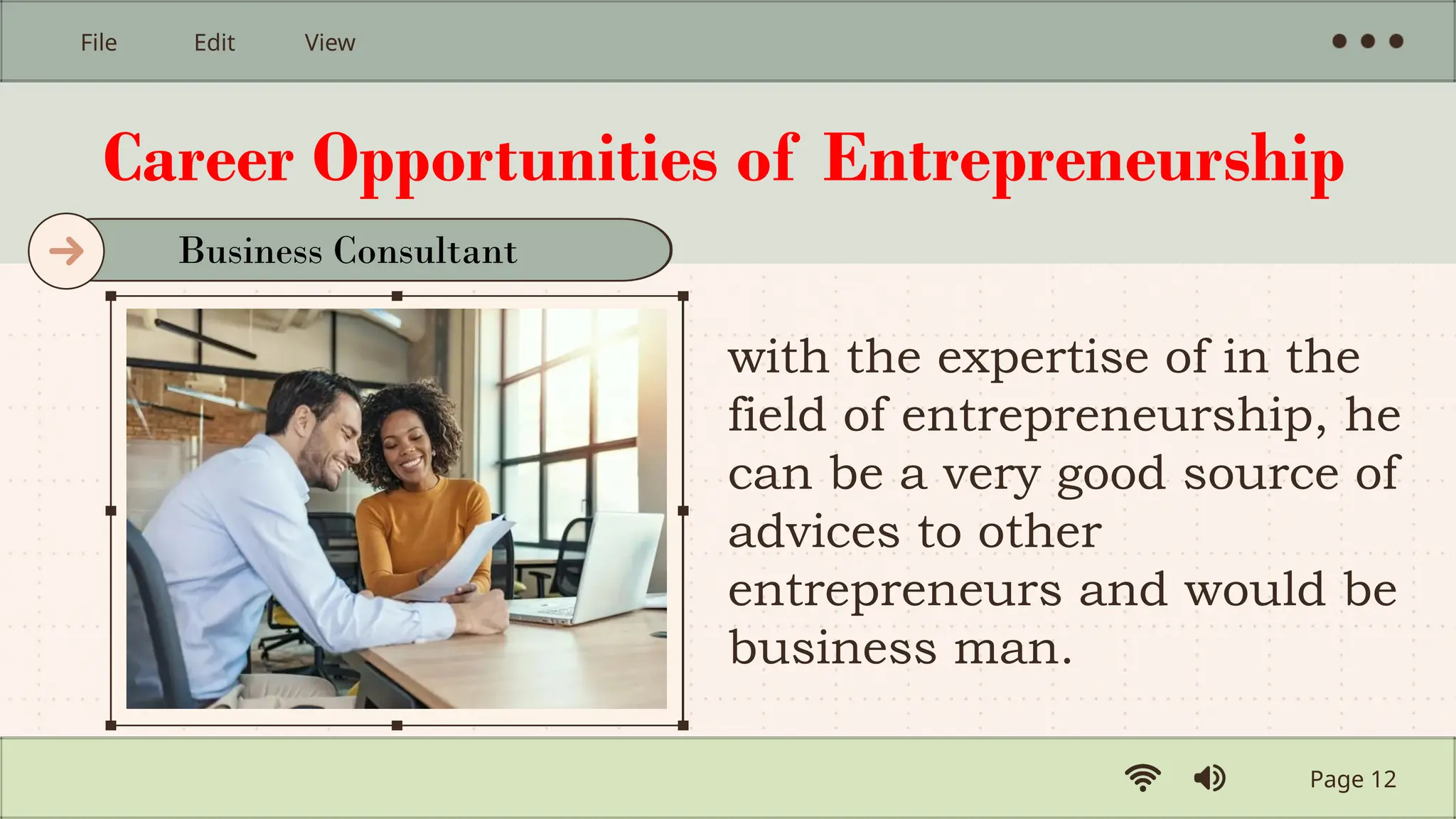 Career Opportunities of Entrepreneurship
with the expertise of in the
field of entrepreneurship, he
can be a very good source of
advices to other
entrepreneurs and would be
business man.
Page 12
File Edit View
Business Consultant
 