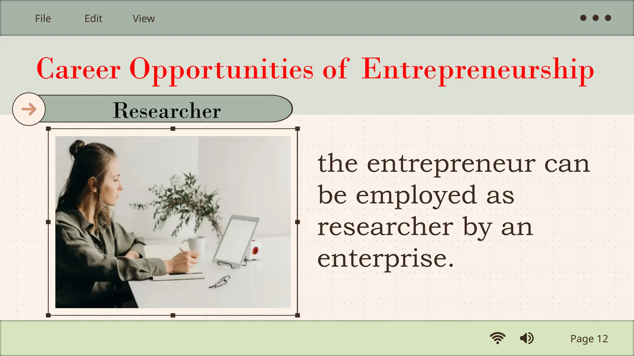 Career Opportunities of Entrepreneurship
the entrepreneur can
be employed as
researcher by an
enterprise.
Page 12
File Edit View
Researcher
 