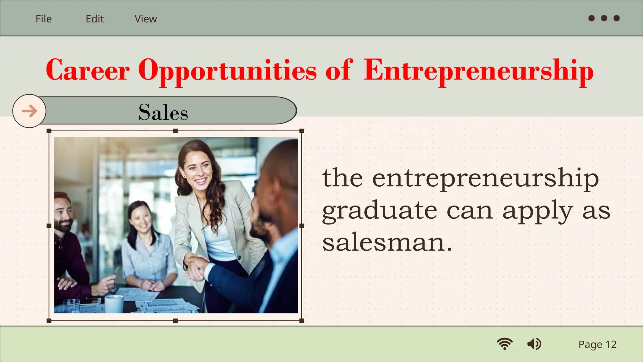 Career Opportunities of Entrepreneurship
the entrepreneurship
graduate can apply as
salesman.
Page 12
File Edit View
Sales
 