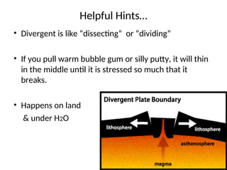 Helpful Hints…
• Divergent is like “dissecting” or “dividing”
• If you pull warm bubble gum or silly putty, it will thin
in the middle until it is stressed so much that it
breaks.
• Happens on land
& under H2O
 