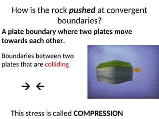 How is the rock pushed at convergent
boundaries?
A plate boundary where two plates move
towards each other.
Boundaries between two
plates that are colliding
 
This stress is called COMPRESSION
 