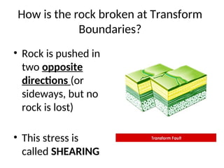 How is the rock broken at Transform
Boundaries?
• Rock is pushed in
two opposite
directions (or
sideways, but no
rock is lost)
• This stress is
called SHEARING
 