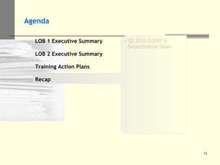 Agenda LOB 1 Executive Summary LOB 2 Executive Summary Training Action Plans Recap Q2 2010 CLIENT X Departmental Goals 
