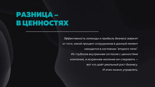 РАЗНИЦА –
В ЦЕННОСТЯХ
Эффективность команды и прибыль бизнеса зависят
от того, какой процент сотрудников в данный момент
находится в состоянии "второго типа".
Их глубокое внутреннее согласие с ценностями
компании, и искреннее желание им следовать —
вот что даёт реальный рост бизнесу.
И этим можно управлять.
 