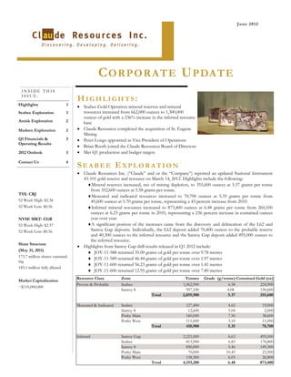 June 2012




                                            C O R P O R A T E U PDATE
 INSIDE THIS
 ISSUE:
                                 HIGHLIGHTS:
Highlights                  1
                                  Seabee Gold Operation mineral reserves and mineral
Seabee Exploration          1       resources increased from 662,000 ounces to 1,300,000
                                    ounces of gold with a 236% increase in the inferred resource
Amisk Exploration           2       base
Madsen Exploration          2     Claude Resources completed the acquisition of St. Eugene
                                    Mining
Q1 Financials &             3     Peter Longo appointed as Vice President of Operations
Operating Results
                                  Brian Booth joined the Claude Resources Board of Directors
2012 Outlook                3     Met Q1 production and budget targets

Contact Us                  4
                                 SEABEE EXPLORATION
                                  Claude Resources Inc. (“Claude” and or the “Company”) reported an updated National Instrument
                                    43-101 gold reserve and resource on March 14, 2012. Highlights include the following:
                                      Mineral reserves increased, net of mining depletion, to 355,600 ounces at 5.37 grams per tonne
                                       from 352,600 ounces at 5.58 grams per tonne.
TSX: CRJ
                                      Measured and indicated resources increased to 70,700 ounces at 5.35 grams per tonne from
52 Week High: $2.36                    49,600 ounces at 5.70 grams per tonne, representing a 43 percent increase from 2010.
52 Week Low: $0.56                    Inferred mineral resources increased to 873,400 ounces at 6.48 grams per tonne from 260,100
                                       ounces at 6.23 grams per tonne in 2010, representing a 236 percent increase in contained ounces
NYSE MKT: CGR                          year over year.
52 Week High: $2.37                   A significant portion of the increases came from the discovery and delineation of the L62 and
52 Week Low: $0.56                     Santoy Gap deposits. Individually, the L62 deposit added 70,400 ounces to the probable reserve
                                       and 40,300 ounces to the inferred resource and the Santoy Gap deposit added 495,000 ounces to
                                       the inferred resource.
Share Structure
                                  Highlights from Santoy Gap drill results released in Q1 2012 include:
(May 31, 2011)
                                       JOY-11-588 returned 35.00 grams of gold per tonne over 9.78 metres
173.7 million shares outstand-         JOY-11-589 returned 46.44 grams of gold per tonne over 1.97 metres
ing
                                       JOY-11-600 returned 56.23 grams of gold per tonne over 1.41 metres
183.1 million fully diluted
                                       JOY-11-606 returned 12.95 grams of gold per tonne over 7.80 metres
                                 Resource Class         Zone                              Tonnes     Grade (g/tonne) Contained Gold (oz)
Market Capitalization
                                 Proven & Probable      Seabee                          1,062,900                6.58           224,900
~$110,000,000
                                                        Santoy 8                          997,100               4.08            130,600
                                                                        Total           2,059,900               5.37            355,600

                                 Measured & Indicated   Seabee                            127,400                4.65                19,000
                                                        Santoy 8                           12,600                5.04                 2,000
                                                        Porky Main                        160,000                7.50                38,600
                                                        Porky West                        111,000                3.10                11,000
                                                                        Total             410,900                5.35                70,700

                                 Inferred               Santoy Gap                       2,321,000               6.63               495,000
                                                        Seabee                             813,900               6.83               178,800
                                                        Santoy 8                           850,000               5.46               149,300
                                                        Porky Main                          70,000              10.43                23,500
                                                        Porky West                         138,300               6.03                26,800
                                                                        Total            4,193,200               6.48               873,400
 