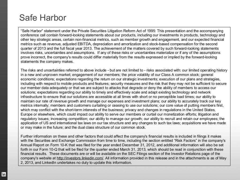 Safe Harbor “Safe Harbor” statement