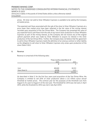 PRIMERO MINING CORP.
NOTES TO THE CONDENSED CONSOLIDATED INTERIM FINANCIAL STATEMENTS
MARCH 31 2013
(Amounts in tables in thousands of United States dollars unless otherwise stated)
(Unaudited)
46
prices. All silver not sold to Silver Wheaton Caymans is available to be sold by the Company
at market prices.
The expected cash flows associated with the sale of the silver to Silver Wheaton Caymans at a
price lower than market price have been reflected in the fair value of the mining interest
recorded upon acquisition of the San Dimas Mine. The Company has presented the value of
any expected future cash flows from the sale of any future silver production to Silver Wheaton
Caymans as part of the mining interest, as the Company did not receive any of the original
upfront payment which was made by Silver Wheaton to acquire its interest in the silver
production of the San Dimas Mine. Further, the Company does not believe that the agreement
to sell to Silver Wheaton Caymans meets the definition of an onerous contract or other liability
as the obligation to sell silver to Silver Wheaton Caymans only arises upon production of the
silver (Note 3 (b)).
6. Revenue
Revenue is comprised of the following sales:
2013 2012
$ $
Gold 40,243 38,593
Silver (Note 5) 6,078 5,411
46,321 44,004
Three months ended March 31
As described in Note 5, for the first four years post-acquisition of the San Dimas Mine, the
Company is entitled to sell 50% of silver production above a 3.5 million ounce annual
threshold at market prices. The contract year for the purposes of the threshold runs from
August 6 of a year to August 5 of the next year. The threshold for 2013 was met early in April
2013, while the threshold for 2012 was met in late April 2012.
 