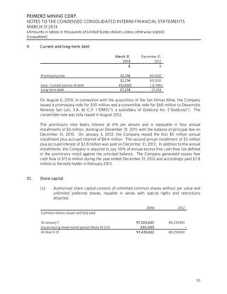PRIMERO MINING CORP.
NOTES TO THE CONDENSED CONSOLIDATED INTERIM FINANCIAL STATEMENTS
MARCH 31 2013
(Amounts in tables in thousands of United States dollars unless otherwise stated)
(Unaudited)
50
9. Current and long-term debt
March 31, December 31,
2013 2012
$ $
Promissory note 32,214 40,000
32,214 40,000
Less: Current portion of debt (5,000) (12,786)
Long-term debt 27,214 27,214
On August 6, 2010, in connection with the acquisition of the San Dimas Mine, the Company
issued a promissory note for $50 million and a convertible note for $60 million to Desarrolos
Mineros San Luis, S.A. de C.V. (“DMSL”), a subsidiary of Goldcorp Inc. (“Goldcorp”). The
convertible note was fully repaid in August 2012.
The promissory note bears interest at 6% per annum and is repayable in four annual
installments of $5 million, starting on December 31, 2011, with the balance of principal due on
December 31, 2015. On January 3, 2012, the Company repaid the first $5 million annual
installment plus accrued interest of $4.4 million. The second annual installment of $5 million
plus accrued interest of $2.8 million was paid on December 31, 2012. In addition to the annual
installments, the Company is required to pay 50% of annual excess free cash flow (as defined
in the promissory note) against the principal balance. The Company generated excess free
cash flow of $15.6 million during the year ended December 31, 2012 and accordingly paid $7.8
million to the note holder in February 2013.
10. Share capital
(a) Authorized share capital consists of unlimited common shares without par value and
unlimited preferred shares, issuable in series with special rights and restrictions
attached.
2013 2012
Common shares issued and fully paid
At January 1 97,205,622 88,259,831
Issued during three month period (Note 10 (b)) 230,000 -
At March 31 97,435,622 88,259,831
 