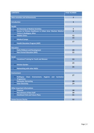 Page | 2
CONTENTS PAGE NUMBER
Main Activities and Achievements 3
Introduction 4
Health
 An Overview of Medical Activities 5
 Access to Primary Healthcare in Urban Area: Shechen Medical
Centre in Bodhgaya, Bihar
8
 Mobile Clinics 12
 Medical Camps
15
 Health Education Program (HEP)
17
Education
 Early Childcare and Development 20
 Non-Formal Education (NFE) 22
Social
 Vocational Training for Youth and Women 24
 Kitchen Garden
25
 Networking with other NGOs
26
Environment
 Bodhgaya Clean Environment, Hygiene and Sanitation
Programme
27
 Rainwater Harvesting 28
 Solar Electricity 29
Other Important Informations
 Finances 30
 Recruitment of New Staff 30
 Jharkhand Visit and Future Plans 31
Annex-Success Stories 32
 