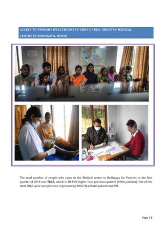 Page | 8
ACCESS TO PRIMARY HEALTHCARE IN URBAN AREA: SHECHEN MEDICAL
CENTRE IN BODHGAYA, BIHAR
The total number of people who came to the Medical centre in Bodhgaya for Patients in the first
quarter of 2014 was 7665, which is 10.34% higher than previous quarter (6966 patients). Out of this
total 3068 were new patients, representing 40.02 % of total patients in OPD.
 