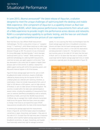 35© 2014 Akamai Technologies, Inc. All Rights Reserved
In June 2013, Akamai announced42
the latest release of Aqua Ion, a solution
designed to meet the unique challenges of optimizing both the desktop and mobile
Web experience. One component of Aqua Ion is a capability known as Real User
Monitoring (RUM), which takes passive performance measurements from actual users
of a Web experience to provide insight into performance across devices and networks.
RUM is a complementary capability to synthetic testing, and the two can and should
be used to gain a comprehensive picture of user experience.
Section 9:
Situational Performance
speeds, it is not surprising that these countries/regions have the
lowest average page load times on broadband connections.
Ukraine and Japan had the lowest average page load times
for mobile connections, which is in line with the observations
and data presented in Section 8.1. The load times in these
two countries were on the order of 3.5x faster than that seen
in Brazil, and 5.5 – 6x faster than that seen in Canada, which
surprisingly had the highest average page load times on mobile
connections, especially given the data presented in Figure 39.
Note that there are a few different RUM measurement
methodologies. The first is using what is known as “navigation
timing”43
(“navtiming”), which allows JavaScript to collect page
load time component information directly from the user agent
(browser) through an API. The second is to use a framework
for timing Web pages, like Web Episodes,44
which leverages
JavaScript events such as “onload.” While navtiming is the
preferred methodology for collecting RUM measurements,
note that not every user agent supports it at this time.45
One
key observation is the current lack of support in Apple’s Safari
browser, both on OSX and iOS. In addition, Android first
added support starting with v4.0 of the operating system, and
Microsoft’s Internet Explorer in v9 of the browser.
Figure 43 shows average page load times for users on both
broadband and mobile connections, based on RUM data
collected by Akamai during the first quarter of 2014. The
underlying data was collected with navtiming; therefore, as
noted above, it does not include measurements from users of
Safari on iOS devices or OSX systems, users on older versions
of Android, or users on older versions of Internet Explorer. The
countries included within the table were selected based on
several criteria, including the availability of measurements from
users on networks identified as broadband as well as networks
identified as mobile, and more than 90,000 measurements
(1,000 per day, on average) from mobile networks having been
made across the quarter. Note that these criteria are subject
to change in the future as we expand the scope of RUM
measurements included within the State of the Internet Report.
In reviewing the average page load time measurements
shown in Figure 43, we find the lowest values for broadband
connections in Japan, Hong Kong, and Sweden — they were on
the order of 2.5 – 3x lower than the load times seen in Indonesia
and Brazil, which had the highest average page load times for
broadband connections. As Japan, Hong Kong, and Sweden
have historically ranked fairly high for average connection
Mobile
Penalty
Avg. Page
Load Time
Mobile (ms)
Avg. Page
Load Time
Broadband (ms)
Country/
Region
Asia Pacific	 Australia	 4207	 4510	 1.1x
Asia Pacific	 China	 4825	 5516	 1.1x
Asia Pacific	 Hong Kong	 1994	 5637	 2.8x
Asia Pacific	 India	 5563	 7987	 1.4x
Asia Pacific	 Indonesia	 5945	 6701	 1.1x
Asia Pacific	 Japan	 1810	 3325	 1.8x
Asia Pacific	 Malaysia	 5269	 6414	 1.2x
Asia Pacific	 Singapore	 3995	 5837	 1.5x
Asia Pacific	 Taiwan	 2813	 3684	 1.3x
Asia Pacific	 Thailand	 4129	 4749	 1.2x
EMEA	 Austria	 2618	 4214	1.6x
EMEA	 France	 4351	 4394	1.0x
EMEA	 Germany	 3185	 4788	1.5x
EMEA	 Ireland	 4202	 7118	1.7x
EMEA	 Italy	 4036	 4628	1.1x
EMEA	 Kuwait	 5114	 5232	1.0x
EMEA	 Poland	 3075	 3660	1.2x
EMEA	 Spain	 3990	 5182	1.3x
EMEA	 Sweden	 2325	 3730	1.6x
EMEA	 Ukraine	 3252	 3182	1.0x
EMEA	 U.K.	 5164	 8149	1.6x
North America	 Canada	 3032	 18456	 6.1x
North America	 U.S.	 3758	 4845	 1.3x
South America	 Argentina	 4011	 7497	 1.9x
South America	 Brazil	 6610	 11200	 1.7x
South America	 Colombia	 3753	 6674	 1.8x
Region
Figure 43: Average Page Load Times Based on Real User Monitoring
 