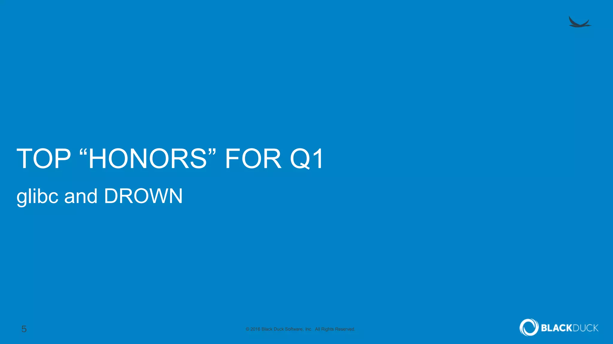 5 © 2016 Black Duck Software, Inc. All Rights Reserved.
TOP “HONORS” FOR Q1
glibc and DROWN
 