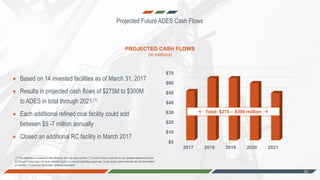 $0
$10
$20
$30
$40
$50
$60
$70
2017 2018 2019 2020 2021
PROJECTED CASH FLOWS
(in millions)
 Total: $275 – $300 million 
Projected Future ADES Cash Flows
Based on 14 invested facilities as of March 31, 2017
Results in projected cash flows of $275M to $300M
to ADES in total through 2021(1)
Each additional refined coal facility could add
between $5 -7 million annually
Closed an additional RC facility in March 2017
-16-
16
(1) The projections is based on the following four key assumptions: 1) Tinuum Group continues to not operate retained facilities;
2) Tinuum Group does not have material CapEx or unusual operating expenses; 3) tax equity lease renewals are not terminated
or repriced; 4) coal-fired generation remains consistent
 