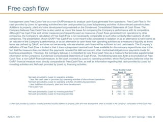 Newmont Mining Corporation I Q1 2017 earnings I Slide 34April 25, 2017
Free cash flow
Management uses Free Cash Flow as a non-GAAP measure to analyze cash flows generated from operations. Free Cash Flow is Net
cash provided by (used in) operating activities less Net cash provided by (used in) operating activities of discontinued operations less
Additions to property, plant and mine development as presented on the Condensed Consolidated Statements of Cash Flows. The
Company believes Free Cash Flow is also useful as one of the bases for comparing the Company’s performance with its competitors.
Although Free Cash Flow and similar measures are frequently used as measures of cash flows generated from operations by other
companies, the Company’s calculation of Free Cash Flow is not necessarily comparable to such other similarly titled captions of other
companies. The presentation of non-GAAP Free Cash Flow is not meant to be considered in isolation or as an alternative to net income as
an indicator of the Company’s performance, or as an alternative to cash flows from operating activities as a measure of liquidity as those
terms are defined by GAAP, and does not necessarily indicate whether cash flows will be sufficient to fund cash needs. The Company’s
definition of Free Cash Flow is limited in that it does not represent residual cash flows available for discretionary expenditures due to the
fact that the measure does not deduct the payments required for debt service and other contractual obligations or payments made for
business acquisitions. Therefore, the Company believes it is important to view Free Cash Flow as a measure that provides supplemental
information to the Company’s Condensed Consolidated Statements of Cash Flows. The following table sets forth a reconciliation of Free
Cash Flow, a non-GAAP financial measure, to Net cash provided by (used in) operating activities, which the Company believes to be the
GAAP financial measure most directly comparable to Free Cash Flow, as well as information regarding Net cash provided by (used in)
investing activities and Net cash provided by (used in) financing activities.
.
(1) Net cash provided by (used in) investing activities includes Additions to property, plant and mine development, which is included in the Company’s computation of Free Cash Flow.
Three Months Ended
March 31,
2017 2016
Net cash provided by (used in) operating activities $ 373 $ 526
Less: Net cash used in (provided by) operating activities of discontinued operations 6 (369)
Net cash provided by (used in) operating activities of continuing operations 379 157
Less: Additions to property, plant and mine development (180) (280)
Free Cash Flow $ 199 $ (123)
Net cash provided by (used in) investing activities
(1)
$ (160) $ (111)
Net cash provided by (used in) financing activities $ (52) $ (742)
 