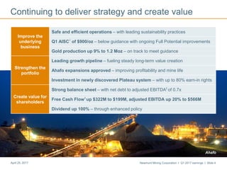 Newmont Mining Corporation I Q1 2017 earnings I Slide 4April 25, 2017
Continuing to deliver strategy and create value
Improve the
underlying
business
Safe and efficient operations – with leading sustainability practices
Q1 AISC1
of $900/oz – below guidance with ongoing Full Potential improvements
Gold production up 9% to 1.2 Moz – on track to meet guidance
Strengthen the
portfolio
Leading growth pipeline – fueling steady long-term value creation
Ahafo expansions approved – improving profitability and mine life
Investment in newly discovered Plateau system – with up to 80% earn-in rights
Create value for
shareholders
Strong balance sheet – with net debt to adjusted EBITDA2
of 0.7x
Free Cash Flow3
up $322M to $199M, adjusted EBITDA up 20% to $566M
Dividend up 100% – through enhanced policy
Ahafo
 