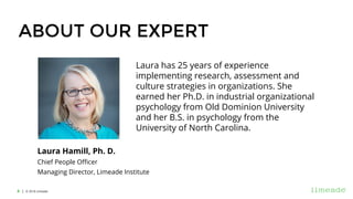 | © 2018 Limeade4
ABOUT OUR EXPERT
Laura has 25 years of experience
implementing research, assessment and
culture strategi...