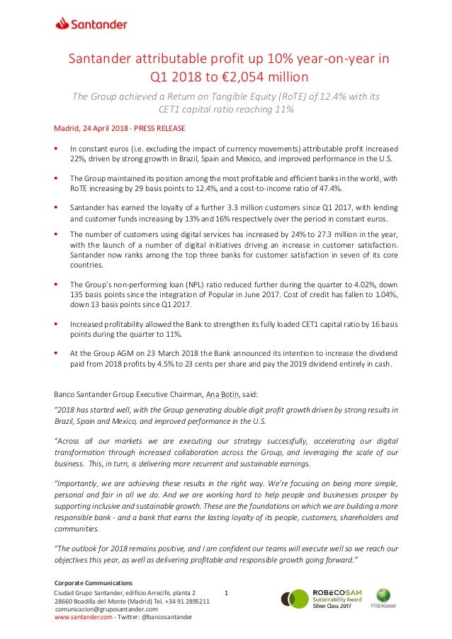 Santander Attributable Profit Up 10 Year On Year In Q1 2018 To 2 05