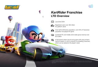 34
© 2021 NEXON Co., Ltd. All Rights Reserved.
KartRider Franchise
LTD Overview
Launched 2004
Registered users over 380 million
PC platform alone
Over half of all Korean population; over 45% of Taiwanese
population has played the game
Combined PC and mobile Life-to-date gross revenue over
$0.9 billion
A fast-paced online casual racing game with easy-to-learn,
hard-to-master UI, and a universe of compelling characters
which can be stylized to the player’s taste
1 The letters, graphics, symbols, logos and other marks, and illustrations, characters and other works, which are shown in this
material are trademarks, registered trademarks, copyrighted works or other legally protected materials owned by respective
right holders
 
