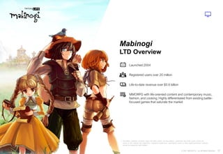 37
© 2021 NEXON Co., Ltd. All Rights Reserved.
Mabinogi
LTD Overview
Launched 2004
Registered users over 20 million
Life-to-date revenue over $0.6 billion
MMORPG with life-oriented content and contemporary music,
fashion, and cooking. Highly differentiated from existing battle-
focused games that saturate the market
1 The letters, graphics, symbols, logos and other marks, and illustrations, characters and other works, which are
shown in this material are trademarks, registered trademarks, copyrighted works or other legally protected materials
owned by respective right holders
 