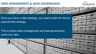 DATA MANAGEMENT & DATA GOVERNANCE
Once you have a data strategy, you need a plan for how to
execute that strategy.
This is where data management and data governance
come into view.
 