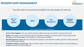 MODERN DATA MANAGEMENT
• All Your Data Together: Can you combine data from different sources and systems to see the big picture?
• Agility: How quickly can you make new data and information available to those who need it? Are you able to take
advantage of new technologies and innovations as they become available?
• Risk Management: Mitigate the risk of bad decisions based on poor data with a holistic approach to data quality that
spans the entire data lifecycle.
• Scalability, Stability, and Security: Cloud, On-Prem, Hybrid. Do you have confidence that your data will always be
available and only to the right audience?
Your data needs to be accurate and available to the right people at the right time.
All Your
Data
Together
Agility
Scalability,
Stability,
and Security
THE PILLARS OF MODERN DATA MANAGEMENT
Risk
Management
 