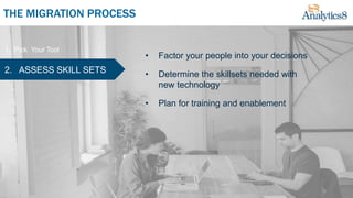 THE MIGRATION PROCESS
2
1. Pick Your Tool
2. ASSESS SKILL SETS
• Factor your people into your decisions
• Determine the skillsets needed with
new technology
• Plan for training and enablement
 