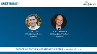QUESTIONS?
SUBSCRIBE TO THE 8 UPDATE NEWSLETTER • Analytics8.com
TONY DAHLAGER
tdahlager@analytics8.com
Analytics8
KEVIN LOBO
klobo@analytics8.com
Analytics8
 
