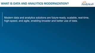 Modern data and analytics solutions are future-ready, scalable, real-time,
high-speed, and agile, enabling broader and better use of data.
WHAT IS DATA AND ANALYTICS MODERNIZATION?
 