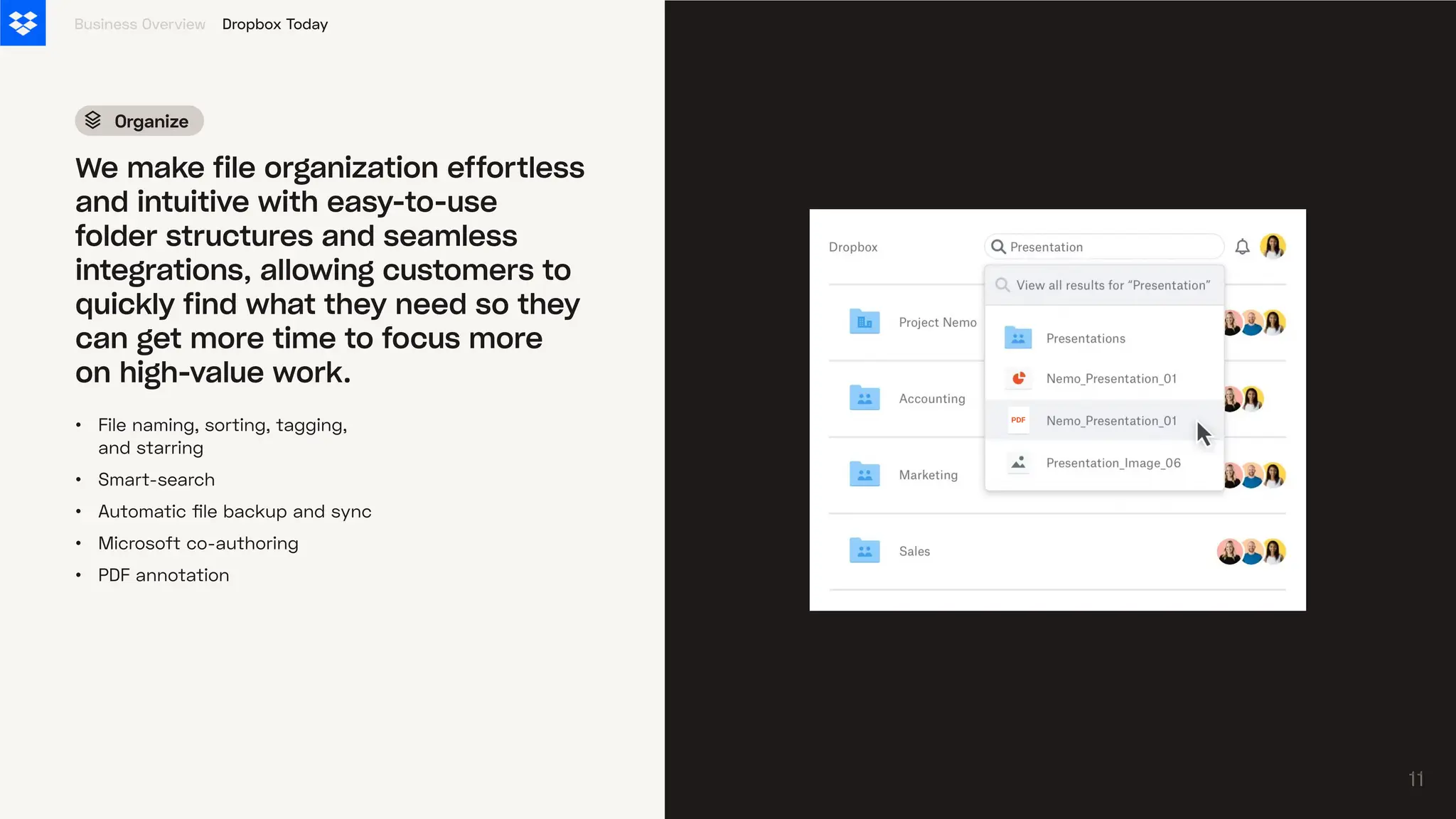 Organize
•
•
•
•
•
File naming, sorting, tagging,
and starring
Smart-search
Automatic file backup and sync
Microsoft co-authoring
PDF annotation
Business Overview
We make file organization effortless
and intuitive with easy-to-use
folder structures and seamless
integrations, allowing customers to
quickly find what they need so they
can get more time to focus more
on high-value work.
Dropbox Today
11
11
 
