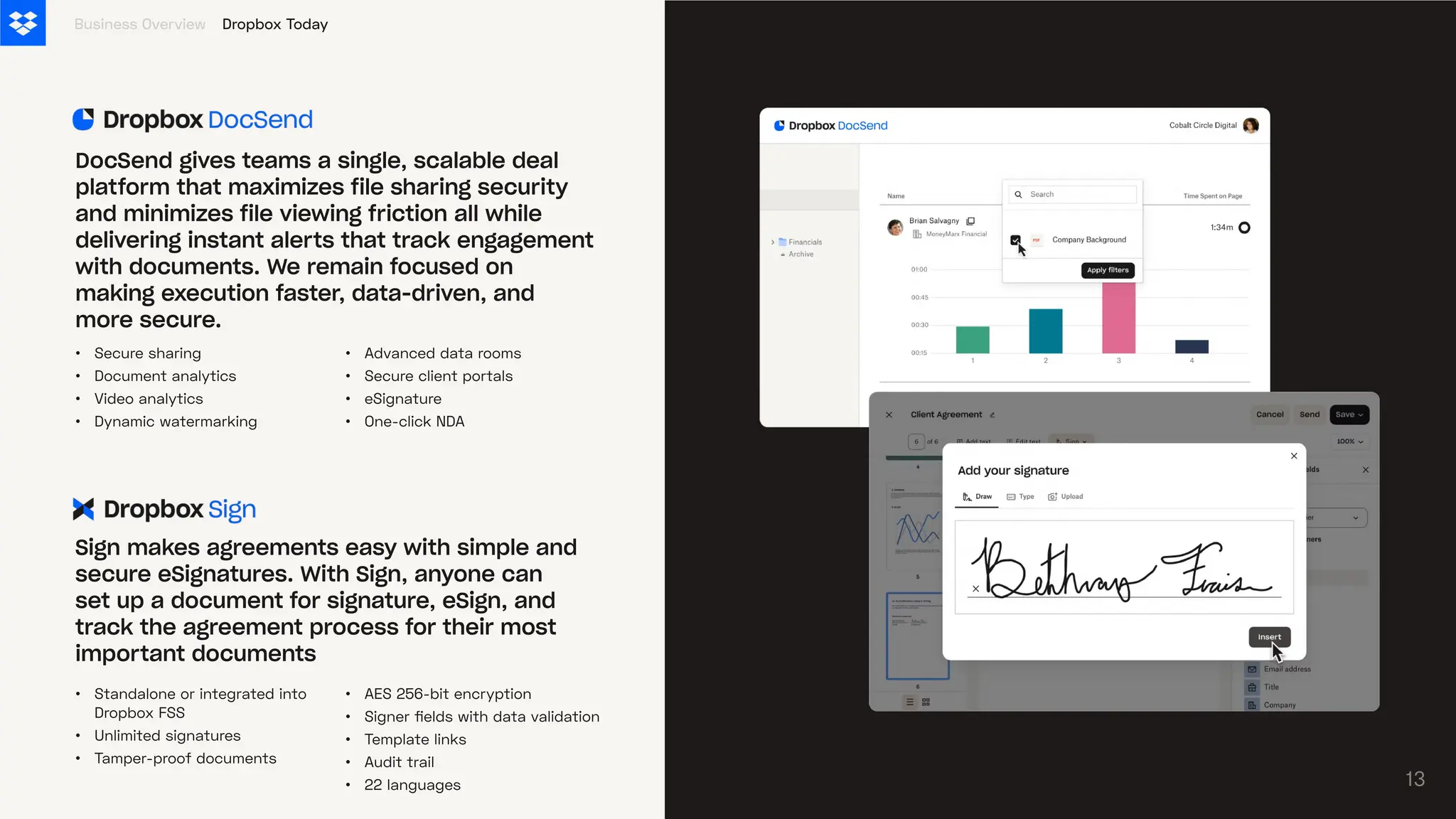 •
•
•
•
Secure sharing
Document analytics
Video analytics
Dynamic watermarking
Business Overview
DocSend gives teams a single, scalable deal
platform that maximizes file sharing security
and minimizes file viewing friction all while
delivering instant alerts that track engagement
with documents. We remain focused on
making execution faster, data-driven, and
more secure.
Sign makes agreements easy with simple and
secure eSignatures. With Sign, anyone can
set up a document for signature, eSign, and
track the agreement process for their most
important documents
•
•
•
•
Advanced data rooms
Secure client portals
eSignature
One-click NDA
•
•
•
Standalone or integrated into
Dropbox FSS
Unlimited signatures
Tamper-proof documents
•
•
•
•
•
AES 256-bit encryption
Signer fields with data validation
Template links
Audit trail
22 languages 13
Dropbox Today
 