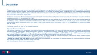 2
Q1 ‘20 Results
Disclaimer
This presentation contains statements that constitute forward looking statements regarding the intent, belief or current expectations of future growth in the different
business lines and the global business, financial results and other aspects of the activities and situation relating to the TIM Group. Such forward looking statements
are not guarantees of future performance and involve risks and uncertainties, and actual results may differ materially from those projected or implied in the forward
looking statements as a result of various factors.
The financial results of the TIM Group are prepared in accordance with International Financial Reporting Standards issued by the International Accounting Standards
Board and endorsed by the EU (designated as “IFRS”).
The accounting policies and consolidation principles adopted in the preparation of the financial results for Q1 ’20 of the TIM Group are the same as those adopted in
the TIM Group Annual Audited Consolidated Financial Statements as of 31 December 2019, to which reference can be made, except for the amendments to the
standards issued by IASB and adopted starting from January 1, 2020. Please note that starting from January 1, 2019, the TIM Group adopted the accounting principle
(IFRS 16 - Lease).
The financial results for Q1 ’20 of the TIM Group are unaudited.
Alternative Performance Measures
The TIM Group, in addition to the conventional financial performance measures established by IFRS, uses certain alternative performance measures for the purposes
of enabling a better understanding of the performance of operations and the financial position of the TIM Group. In particular, such alternative performance
measures include: EBITDA, EBIT, Organic change and impact of non-recurring items on revenue, EBITDA and EBIT; EBITDA margin and EBIT margin and net financial
debt. Moreover, following the adoption of IFRS 16, the TIM Group uses the following additional alternative performance indicators:
* EBITDA adjusted After Lease ("EBITDA-AL"), calculated by adjusting the Organic EBITDA, net of non-recurring items, of the amounts related to the accounting
treatment of finance lease contracts according to IFRS 16 (applied starting from 2019);
* Adjusted Net Financial Debt After Lease, calculated by excluding from the adjusted net financial debt the liabilities related to the accounting treatment of finance
lease contracts according to IFRS 16 (applied starting from 2019).
Such alternative performance measures are unaudited.
 