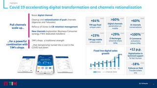 7
Q1 ‘20 Results
Covid 19 accelerating digital transformation and channels rationalization
Highlights
+60%
AI channels
conversations
(YoY)
+29%
E-Recharges
(channel share
16%)
(YoY)
+100%
E-Commerce
activations
(share 20%)
(YoY)
>60%
Digital channels
penetration on
mobile
(YoY)
+23%
TIM app mobile
unique users
(YoY)
+64%
TIM app fixed
unique users
(YoY)
5%
8% 9%
12% 13% 14%
26%
34%
Sept Oct Nov Dec Jan Feb Mar Apr
Sales Channel share
Fixed line digital sales
growth
-18%
Failures on field
Trouble tickets
(m)
(YoY)
+12 p.p.
Digitalization in
technical support
% Not Human
Boost digital channel
Cleanup and rationalization of push channels
(Agencies and Telesales)
Refocus of Stores to CB retention management
New channels exploration (Business-Consumer
synergy; FWA dedicated installers)
Pull channels
scale-up…
TIM’s shops a traditional strength
…that (temporarily) turned into a cost in the
COVID lock down
…for a powerful
combination with
TIM’s shops
 