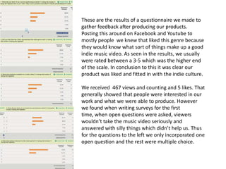 These are the results of a questionnaire we made to
gather feedback after producing our products.
Posting this around on Facebook and Youtube to
mostly people we knew that liked this genre because
they would know what sort of things make up a good
indie music video. As seen in the results, we usually
were rated between a 3-5 which was the higher end
of the scale. In conclusion to this it was clear our
product was liked and fitted in with the indie culture.

We received 467 views and counting and 5 likes. That
generally showed that people were interested in our
work and what we were able to produce. However
we found when writing surveys for the first
time, when open questions were asked, viewers
wouldn’t take the music video seriously and
answered with silly things which didn’t help us. Thus
for the questions to the left we only incorporated one
open question and the rest were multiple choice.
 