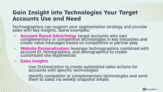 16
Technographics can support your segmentation strategy and provide
sales with key insights. Some examples:
● Account-Based Advertising: target accounts who own
complementary or competitive technologies in key industries and
create value messages based on competitive or partner play
● Website Personalization: leverage technographics combined with
account ID, firmographics, and demographics to create
customized site experiences
● Sales Insights
○ Use Orchestration to create automated sales actions for
accounts with specific technologies
○ Identify competitor or complementary technologies and send
them to sales via weekly snapshot emails
Gain Insight into Technologies Your Target
Accounts Use and Need
 