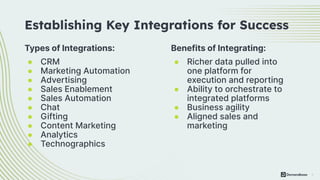7
Benefits of Integrating:
● Richer data pulled into
one platform for
execution and reporting
● Ability to orchestrate to
integrated platforms
● Business agility
● Aligned sales and
marketing
Types of Integrations:
● CRM
● Marketing Automation
● Advertising
● Sales Enablement
● Sales Automation
● Chat
● Gifting
● Content Marketing
● Analytics
● Technographics
Establishing Key Integrations for Success
 