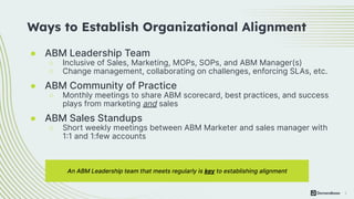 9
● ABM Leadership Team
○ Inclusive of Sales, Marketing, MOPs, SOPs, and ABM Manager(s)
○ Change management, collaborating on challenges, enforcing SLAs, etc.
● ABM Community of Practice
○ Monthly meetings to share ABM scorecard, best practices, and success
plays from marketing and sales
● ABM Sales Standups
○ Short weekly meetings between ABM Marketer and sales manager with
1:1 and 1:few accounts
Ways to Establish Organizational Alignment
An ABM Leadership team that meets regularly is key to establishing alignment
 
