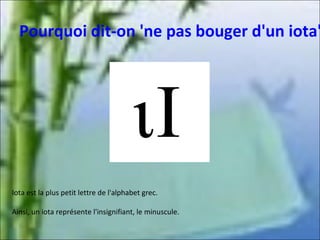 Pourquoi dit-on 'ne pas bouger d'un iota'

Iota est la plus petit lettre de l'alphabet grec.
Ainsi, un iota représente l'insignifiant, le minuscule.

 