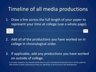 Timeline of all media productions
1. Draw a line across the full length of your paper to
represent your time at college (use a whole page).
2. Add all of the productions you have worked on in
college in chronological order.
3. If applicable, add any productions you have worked
on outside of college.
In an exam response, you should mainly focus on your coursework productions but it will be useful to
refer briefly to other productions if they are significant in terms of your skill development.
 