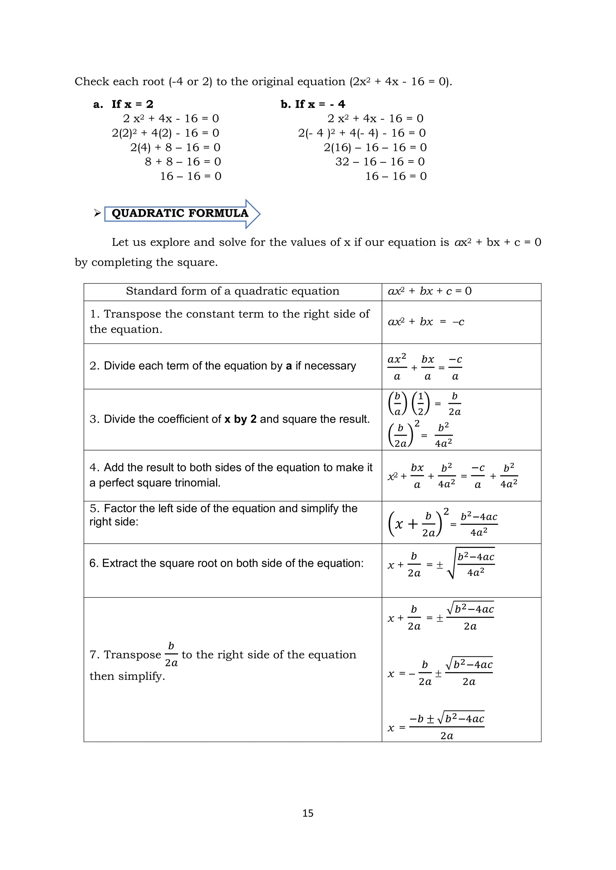 15
Check each root (-4 or 2) to the original equation (2x2 + 4x - 16 = 0).
a. If x = 2 b. If x = - 4
2 x2 + 4x - 16 = 0 2 x2 + 4x - 16 = 0
2(2)2 + 4(2) - 16 = 0 2(- 4 )2 + 4(- 4) - 16 = 0
2(4) + 8 – 16 = 0 2(16) – 16 – 16 = 0
8 + 8 – 16 = 0 32 – 16 – 16 = 0
16 – 16 = 0 16 – 16 = 0
➢ QUADRATIC FORMULA
Let us explore and solve for the values of x if our equation is ax2 + bx + c = 0
by completing the square.
Standard form of a quadratic equation ax2 + bx + c = 0
1. Transpose the constant term to the right side of
the equation.
ax2 + bx = –c
2. Divide each term of the equation by a if necessary
𝑎𝑥2
𝑎
+
𝑏𝑥
𝑎
=
−𝑐
𝑎
3. Divide the coefficient of x by 2 and square the result.
(
𝑏
𝑎
) (
1
2
) =
𝑏
2𝑎
(
𝑏
2𝑎
)
2
=
𝑏2
4𝑎2
4. Add the result to both sides of the equation to make it
a perfect square trinomial.
x2 +
𝑏𝑥
𝑎
+
𝑏2
4𝑎2
=
−𝑐
𝑎
+
𝑏2
4𝑎2
5. Factor the left side of the equation and simplify the
right side: (𝑥 +
𝑏
2𝑎
)
2
=
𝑏2−4𝑎𝑐
4𝑎2
6. Extract the square root on both side of the equation: x +
𝑏
2𝑎
=  √
𝑏2−4𝑎𝑐
4𝑎2
7. Transpose
𝑏
2𝑎
to the right side of the equation
then simplify.
x +
𝑏
2𝑎
= 
√𝑏2−4𝑎𝑐
2𝑎
x = –
𝑏
2𝑎

√𝑏2−4𝑎𝑐
2𝑎
x =
−𝑏 ± √𝑏2−4𝑎𝑐
2𝑎
 